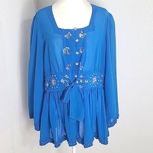 AS HRO Blue Marine Sheer Blouse Rhinestone Buttons & Accents, Small Ruffle, XL